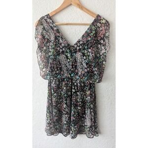 Candies Black Floral Flutter‎ Sleeve Elastic Waist Mini Dress Women's L